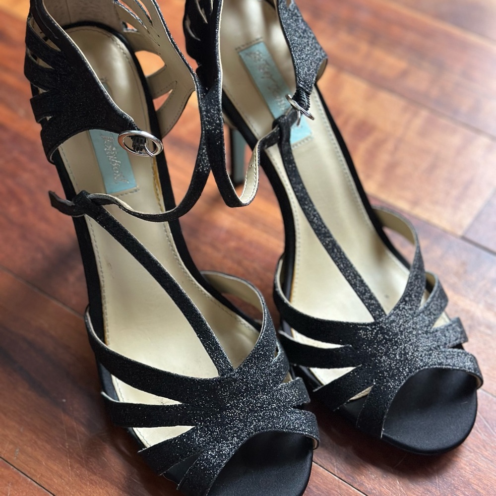 Betsey Johnson Black Glitter Strappy Heels